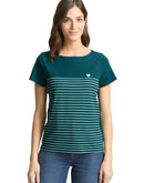 Camiseta de manga corta de mujer con cuello redondo y diseño de rayas