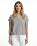 Blusa de manga corta de mujer con cuello de solapas, cierre de botones, lazada ajustable inferior y diseño de rayas
