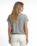 Blusa de manga corta de mujer con cuello de solapas, cierre de botones, lazada ajustable inferior y diseño de rayas