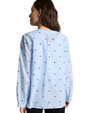 Blusa de manga larga camsiera de mujer 100% algodón con cuello de pico con estampado liso y pequeños lunares bordados