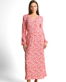 Vestido midi con cuello pico y manga larga, estampado abstracto