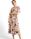 Vestido midi de manga corta con cuello pico y estampado abstracto
