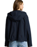 Parka corta con cremallera de mujer con capucha ajustable, manga larga, bolsillos laterales y estampado liso