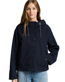 Parka corta con cremallera de mujer con capucha ajustable, manga larga, bolsillos laterales y estampado liso