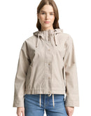 Parka corta con cremallera de mujer con capucha ajustable, manga larga, bolsillos laterales y estampado liso