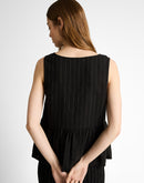 Blusa sin mangas de mujer con cuello redondo y cierre en lazada con volantes inferiores y diseño de rayas
