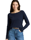 Camiseta de manga larga de mujer con cuello barco y estampado liso