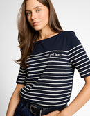 Camiseta de manga corta de mujer con cuello redondo y diseño de rayas