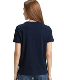 Camiseta de manga corta de mujer con cuello redondo y diseño liso con logo central