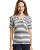 Camiseta de manga corta de mujer con cuello de pico, diseño de rayas