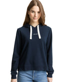 Sudadera de manga larga de mujer con capucha, cuello clásico y  pequeño logo central