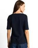 Camiseta de manga corta de mujer con cuello redondo y estampado grande frontal