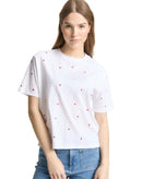 Camiseta de mujer de manga corta con bordado y cuello redondo
