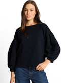 Sudadera de mujer de manga globo con cuello barco y diseño liso
