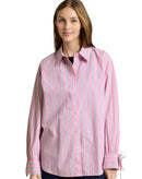 Camisa de manga larga de mujer 100 % algodón con cuello clásico, botones y rayas finas