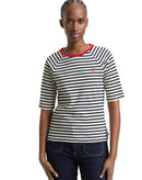 Camiseta de manga corta de mujer con cuello redondo y estampado de rayas