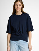 Camiseta de manga corta de mujer con cuello redondo , frunce lateral y diseño liso