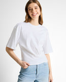 Camiseta de manga corta de mujer con cuello redondo , frunce lateral y diseño liso