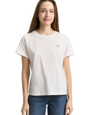 Camiseta de manga corta de mujer con cuello redondo y diseño liso con pequeño bordado