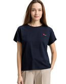Camiseta manga corta de mujer con cuello redondo, estampado liso y pequeño logo
