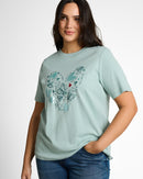 Camiseta manga corta de mujer con cuello redondo y estampado grande frontal