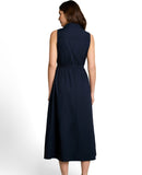 Vestido midi sin mangas con cuello solapa, bolsillos y cinturón