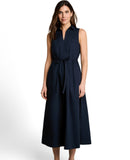 Vestido midi sin mangas con cuello solapa, bolsillos y cinturón