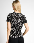 Camiseta de manga corta de mujer con cuello redondo y estampado de flores con cierre de lazo