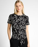 Camiseta de manga corta de mujer con cuello redondo y estampado de flores con cierre de lazo