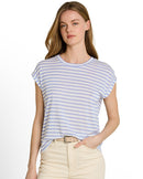 Camiseta de mujer de manga corta con estampado de rayas y cuello redondo