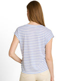 Camiseta de mujer de manga corta con estampado de rayas y cuello redondo