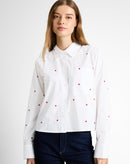 Camisa de mujer de manga larga con cuello clásico, bolsillo laterial y microestampado