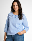 Camiseta de manga larga de mujer con cuello redondo cierre lazada y diseño de rayas