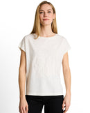 Camiseta de mujer con manga corta, cuello redondo y dibujo frontal