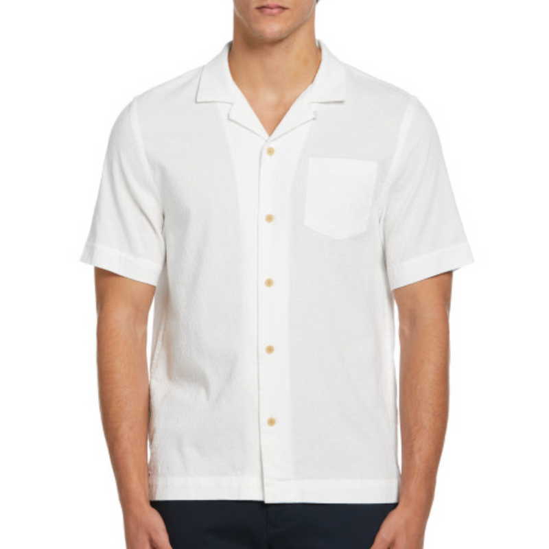 Camisa cuello campero de algodón texturizado Dobby blanca