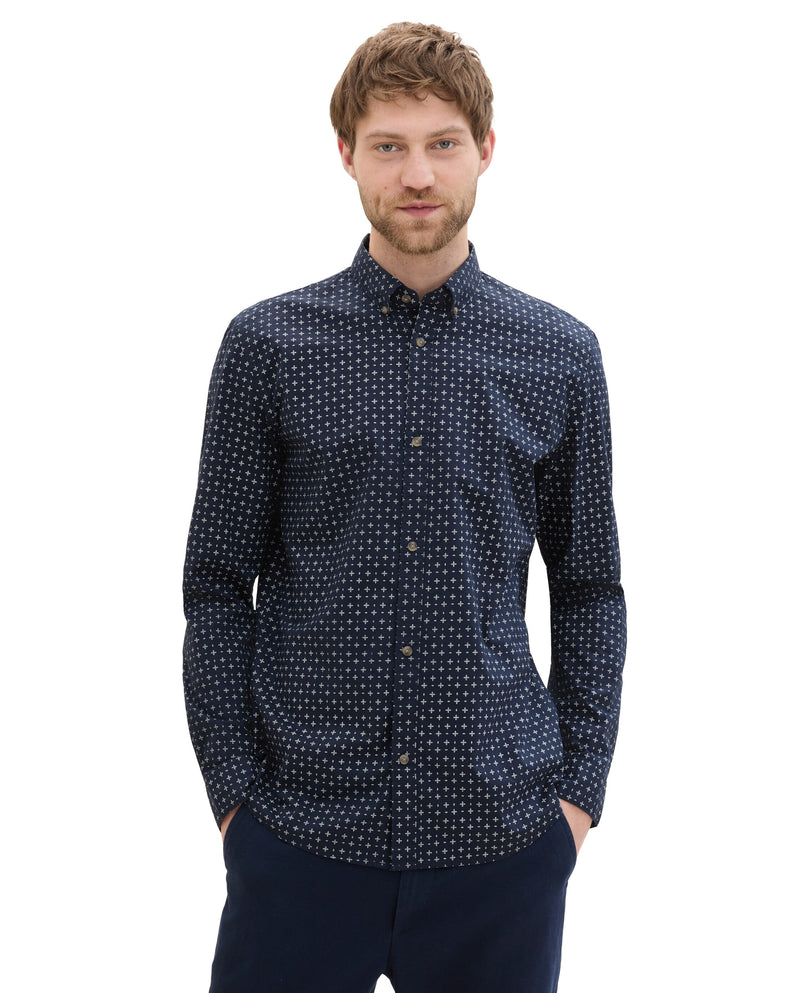 Camisa de hombre de cuello clásico de manga larga azul marino