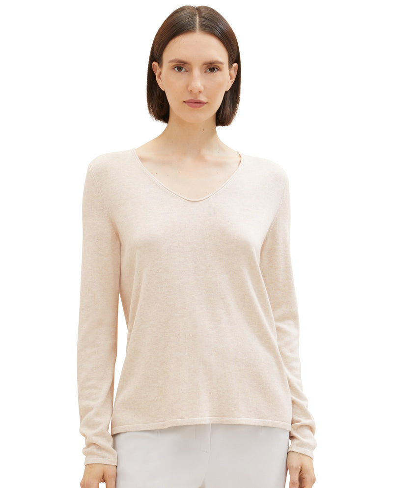 Jersey de mujer con cuello pico liso beige